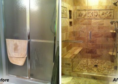 Before and after images of a shower room remodeling.